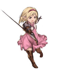 Rule 34 | 1girl, blonde hair, boots, brown eyes, commentary request, djeeta (granblue fantasy), dress, fighter (granblue fantasy), flat chest, full body, gauntlets, granblue fantasy, hairband, harvin, highres, holding, holding sword, holding weapon, looking at viewer, pink dress, pointy ears, short hair, simple background, solo, sword, tagme, thigh boots, thighhighs, v-shaped eyebrows, weapon, white background, yashigaras