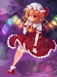 Rule 34 | 1girl, ascot, blonde hair, bobby socks, breasts, collared shirt, crystal, flandre scarlet, frilled shirt collar, frilled skirt, frilled sleeves, frills, full body, glowing, glowing wings, hand to own mouth, hat, hat ribbon, highres, kohaku muro, mary janes, medium hair, mob cap, multicolored wings, one side up, purple background, red eyes, red footwear, red ribbon, red skirt, red vest, ribbon, ribbon-trimmed headwear, ribbon trim, shirt, shoes, skirt, skirt set, small breasts, socks, solo, touhou, vest, white hat, white shirt, white socks, wings, wrist cuffs, yellow ascot