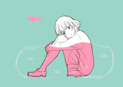 Rule 34 | &gt;:t, 1girl, :t, blush, bob cut, closed mouth, fish, from side, hugging own legs, jitome, knees up, loafers, long sleeves, looking to the side, original, pleated skirt, pout, school uniform, shoes, sitting, skirt, solo, spot color, sweater vest, tanaka (colorcorn), v-shaped eyebrows