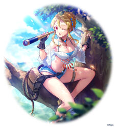 1girl ;o black_gloves blonde_hair blue_shorts blue_sky braid breasts cleavage cloud commentary_request day fanny_pack fingerless_gloves flabellum_(phantom_of_the_kill) full_body gloves hair_ornament highres in_tree large_breasts looking_to_the_side no_socks official_alternate_costume official_art one_eye_closed phantom_of_the_kill red_eyes rope sandals second-party_source short_shorts shorts sitting sitting_in_tree sky solo thigh_strap tree