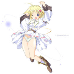 Rule 34 | 1girl, blonde hair, blue eyes, blush, boots, bow, bow panties, dress, game master, gm, green panties, hair ornament, hairpin, jumping, lace, lace-trimmed panties, lace trim, panties, pantyshot, ragnarok online, short hair, sketch, socks, solo, tokita, underwear, white dress