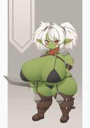 Rule 34 | 1girl, absurdres, armband, armor, bad proportions, bikini, black bikini, blush, boots, breasts, colored skin, earrings, facial mark, female goblin, goblin, green skin, hand on own hip, highres, holding, holding sword, holding weapon, huge breasts, jewelry, knee pads, long pointy ears, medium hair, neckerchief, original, pauldrons, plump, pointy ears, red eyes, shortstack, shoulder armor, simple background, skindentation, solo, swimsuit, sword, thick thighs, thigh boots, thighs, twintails, v-shaped eyebrows, weapon, white hair, yasume (cheap melon soda)