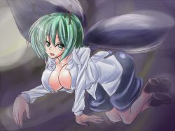 Rule 34 | 1girl, antennae, bad anatomy, bad id, bad pixiv id, bent over, breasts, cape, cleavage, female focus, green eyes, green hair, large breasts, matching hair/eyes, ninopal, aged up, poorly drawn, short hair, solo, touhou, wriggle nightbug