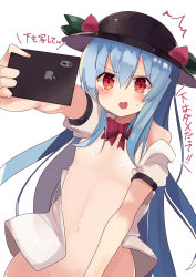 Rule 34 | 1girl, absurdres, black hat, blue hair, blush, bow, bowtie, food, fruit, hair between eyes, hat, highres, hinanawi tenshi, long hair, looking at viewer, navel, nude, open mouth, out-of-frame censoring, peach, red bow, red bowtie, red eyes, simple background, solo, sweatdrop, te toga, tears, touhou, very long hair, white background