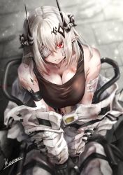Rule 34 | 1girl, absurdres, arknights, artist name, bare shoulders, black gloves, breasts, cleavage, commentary, cuts, elite ii (arknights), english commentary, gloves, highres, horns, injury, kuromu, large breasts, long hair, long sleeves, looking at viewer, material growth, mudrock (arknights), mudrock (elite ii) (arknights), off shoulder, oripathy lesion (arknights), parted lips, red eyes, revision, signature, sitting, solo, sports bra, white hair