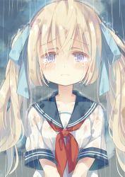Rule 34 | 1girl, blonde hair, blue eyes, blue ribbon, blue sailor collar, closed eyes, collarbone, commentary request, crying, crying with eyes open, hair ribbon, long hair, looking at viewer, neckerchief, original, rain, red neckerchief, ribbon, sailor collar, school uniform, serafuku, short sleeves, solo, standing, tears, twintails, upper body, v arms, wavy mouth, wet, wet clothes, yamadori yoshitomo