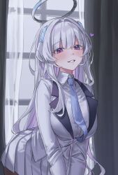 Rule 34 | 1girl, absurdres, bent over, blue archive, blue necktie, blush, breasts, collared shirt, curtains, formal, grin, halo, headphones, heart, highres, jacket, korean commentary, large breasts, long hair, long sleeves, looking at viewer, necktie, noa (blue archive), pleated skirt, purple eyes, raki kr, shirt, skirt, smile, solo, suit, white hair, white jacket, white shirt, white skirt, white suit