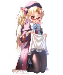Rule 34 | 1girl, absurdres, akatsuki uni, beret, bettle (b s a n), black pantyhose, blonde hair, bow, full body, glasses, hair ornament, hairclip, hat, highres, kneeling, lifting own clothes, long hair, long sleeves, looking at viewer, name connection, pantyhose, purple hat, red eyes, simple background, solo, two side up, uni create, virtual youtuber, white background, wide sleeves