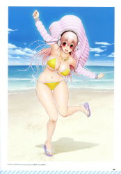 Rule 34 | 1girl, absurdres, bare shoulders, beach, bikini, blue sky, blush, breasts, cleavage, cloud, collarbone, day, feet, full body, headphones, highres, jewelry, large breasts, leg up, long hair, long sleeves, looking at viewer, navel, necklace, nitroplus, ocean, open mouth, outdoors, page number, pink hair, red eyes, sandals, scan, side-tie bikini bottom, sky, smile, solo, striped, super sonico, swimsuit, toes, tsuji santa, water, yellow bikini