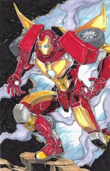 Rule 34 | 1boy, andrew griffith, blue eyes, commentary, commission, english commentary, fusion, highres, hot rod (transformers), iron man, leaning forward, looking down, marker (medium), marvel, mecha, open hands, robot, science fiction, smoke, solo, traditional media, transformers
