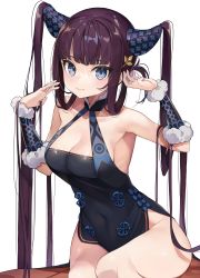 Rule 34 | 1girl, absurdres, bad id, bad twitter id, bare shoulders, black dress, blue eyes, blunt bangs, blush, breasts, china dress, chinese clothes, cleavage, closed mouth, covered navel, detached sleeves, dress, fate/grand order, fate (series), hair ornament, highres, large breasts, leaf hair ornament, long hair, looking at viewer, purple hair, side slit, sidelocks, simple background, smile, solo, thighs, twintails, very long hair, white background, yang guifei (fate), yang guifei (second ascension) (fate), yayoichi (yoruyoru108)