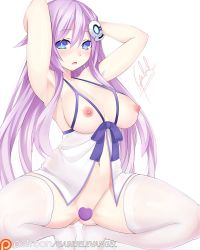 Rule 34 | 1girl, armpits, arms behind head, arms up, babydoll, bare shoulders, blue eyes, blush, bottomless, breastless clothes, breasts, censored, commentary, embarrassed, gabriel evangel, groin, hair between eyes, headgear, heart, heart censor, highres, large breasts, legs, long hair, looking at viewer, medium breasts, navel, neptune (series), nipples, no panties, open mouth, paid reward available, pink hair, power symbol, power symbol-shaped pupils, purple sister, simple background, solo, spread legs, squatting, symbol-shaped pupils, thighhighs, thighs, very long hair, white background, white thighhighs