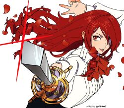 Rule 34 | 1girl, arm up, black skirt, bow, bowtie, collared shirt, commentary, dated, falling petals, floating hair, from side, glint, hair between eyes, highres, holding, holding sword, holding weapon, kirijou mitsuru, korean commentary, lcs 0209, long hair, long sleeves, looking at viewer, looking to the side, persona, persona 3, persona 3 reload, petals, pointing, pointing at viewer, red bow, red bowtie, red eyes, red hair, red lips, shirt, skirt, solo, sword, twitter username, upper body, weapon, white background, white shirt