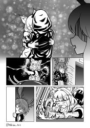 Rule 34 | 1other, 2girls, absurdres, amiya (arknights), animal ear fluff, animal ears, arknights, bare shoulders, bug, cat ears, cockroach, comic, doctor (arknights), greyscale, highres, holding, holding paper, hood, hooded jacket, hug, insect, jacket, kal&#039;tsit (arknights), long hair, long sleeves, monochrome, multiple girls, nhim, open clothes, paper, rabbit ears
