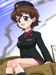 Rule 34 | 1girl, akaboshi koume, black hat, black jacket, black socks, blue eyes, blue sky, brown hair, commentary, commentary request, day, dress shirt, english commentary, flag, garrison cap, girls und panzer, hat, insignia, jacket, kuromorimine military uniform, long sleeves, looking to the side, military, military hat, military uniform, military vehicle, miniskirt, mixed-language commentary, motor vehicle, on vehicle, open mouth, outdoors, pleated skirt, red shirt, red skirt, shirt, short hair, skirt, sky, smile, smoke, socks, solo, takahashi kurage, tank, tank cupola, uniform, wavy hair, white flag, wing collar