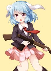 Rule 34 | 1girl, animal ears, black jacket, black socks, blazer, blue hair, blush, collarbone, commentary request, crescent, crescent pin, feet out of frame, gun, highres, holding, holding gun, holding weapon, jacket, kneehighs, long sleeves, miniskirt, necktie, one-hour drawing challenge, open mouth, pink hair, pink skirt, pleated skirt, rabbit ears, red necktie, reisen, rifle, ruu (tksymkw), shirt, short hair, simple background, skirt, socks, solo, standing, thighs, touhou, v-shaped eyebrows, weapon, white shirt, yellow background