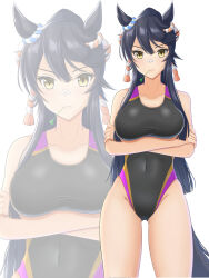 Rule 34 | 1girl, animal ears, arms under breasts, bandaid, bandaid on face, bandaid on nose, black hair, black one-piece swimsuit, commentary request, competition swimsuit, cowboy shot, crossed arms, highleg, highleg swimsuit, highres, horse ears, horse girl, horse tail, long hair, looking at viewer, mouth hold, multicolored clothes, multicolored swimsuit, multiple views, narita brian (umamusume), one-piece swimsuit, ponytail, rope, seppatsumaru, shimenawa, simple background, stalk in mouth, swimsuit, tail, umamusume, very long hair, white background, yellow eyes, zoom layer