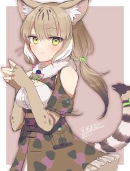 Rule 34 | 1girl, animal ears, animal print, bare shoulders, blonde hair, blush, bow, brown hair, cat ears, cat girl, cat print, cat tail, center frills, elbow gloves, fingerless gloves, frilled skirt, frills, gloves, green bow, green eyes, hair bow, high-waist skirt, highres, jungle cat (kemono friends), kemono friends, kemono friends v project, long hair, looking at viewer, mitorizu 02, multicolored hair, print gloves, print skirt, shirt, short sleeves, sidelocks, skirt, solo, tail, tail bow, tail ornament, twintails, upper body, virtual youtuber, white shirt