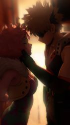Rule 34 | 1boy, 1girl, armor, arms behind back, ashido mina, backlighting, bakugou katsuki, bare shoulders, black mask, black shirt, blonde hair, bloom, blurry, blurry background, boku no hero academia, breasts, colored skin, commentary, couple, domino mask, english commentary, eye mask, from side, fur-trimmed jacket, fur trim, grabbing another&#039;s chin, greatm8, half-closed eyes, hand on another&#039;s cheek, hand on another&#039;s chin, hand on another&#039;s face, hetero, highres, horns, jacket, leotard, looking at another, mask, medium breasts, parted lips, photoshop (medium), pink hair, pink skin, profile, shirt, short hair, shoulder armor, sleeveless, sleeveless shirt, source filmmaker (medium), spiked hair, upper body, white mask