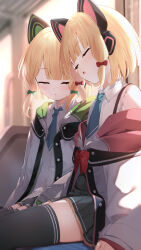 Rule 34 | 2girls, animal ear headphones, animal ears, black skirt, black thighhighs, blonde hair, blue archive, blue necktie, blunt bangs, blurry, blurry background, blush, bow, cat ears, closed eyes, collared shirt, commentary, cowboy shot, fake animal ears, green bow, hair bow, headphones, highres, indoors, jacket, long sleeves, low-tied sidelocks, midori (blue archive), momoi (blue archive), multiple girls, necktie, nokke o, open clothes, open jacket, open mouth, parted lips, pleated skirt, red bow, school uniform, shirt, short hair, short necktie, siblings, sidelocks, sisters, sitting, skirt, sleeping, sleeping upright, sleeves past wrists, thighhighs, twins, white jacket, white shirt, zettai ryouiki