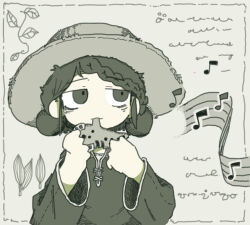 Rule 34 | 1girl, bags under eyes, braid, braided bangs, double bun, hair bun, hat, holding, holding instrument, holding ocarina, instrument, jitome, leaf, long sleeves, looking to the side, monochrome, music, musical note, ocarina, original, outside border, playing instrument, raised eyebrows, shirt, short hair, solo, staff (music), straw hat, torosakana, upper body