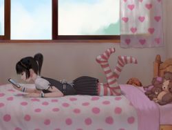 Rule 34 | 1girl, bed, cellphone, dog, henti, highres, lying, on stomach, pet, phone, poodle, striped clothes, striped thighhighs, stuffed animal, stuffed toy, thighhighs