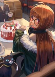 Rule 34 | 1boy, 1girl, :t, absurdres, ahoge, amamiya ren, animal, birthday, birthday cake, booth seating, brown hair, cafe, cake, candle, cat, coffee cup, cup, disposable cup, eating, food, fork, fruit, fur-trimmed jacket, fur trim, glasses, hakusyokuto, happy birthday, headphones, headphones around neck, highres, holding, holding fork, jacket, long hair, looking at viewer, looking back, morgana (persona 5), off shoulder, orange hair, persona, persona 5, plate, red eyes, sakura futaba, school uniform, shuuchiin academy school uniform, sitting, solo focus, strawberry, table, utensil in mouth, v-shaped eyebrows