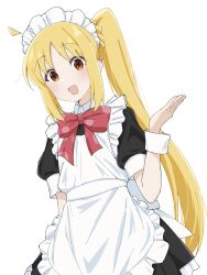 Rule 34 | 1girl, :d, ahoge, alternate costume, apron, arm at side, black dress, blonde hair, blush, bocchi the rock!, bow, commentary, cowboy shot, dress, dutch angle, enmaided, frilled apron, frills, hand up, highres, ijichi nijika, long hair, looking at viewer, maid, maid apron, maid headdress, open mouth, parted bangs, polka dot, polka dot bow, puffy short sleeves, puffy sleeves, red bow, red eyes, sanz zzz, short sleeves, side ponytail, sidelocks, simple background, smile, solo, standing, straight hair, tareme, very long hair, white apron, white background, white wrist cuffs, wrist cuffs