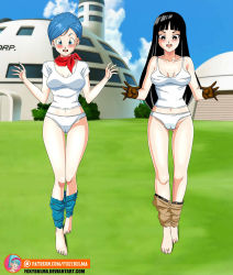 Rule 34 | 2girls, bare arms, bare shoulders, barefoot, belt, black belt, black hair, blue hair, blunt bangs, breasts, brown gloves, brown pants, bulma, cameltoe, capsule corp, clothes pull, cloud, collarbone, commission, day, denim, dragon ball, embarrassed, facing viewer, foxybulma, full body, gloves, grass, highres, hime cut, jeans, legs together, looking at viewer, looking down, mai (dragon ball), mai (future) (dragon ball), mature female, medium breasts, midriff peek, multiple girls, neckerchief, no bra, outdoors, panties, pants, pants pull, red neckerchief, shirt, sky, standing, t-shirt, tank top, thigh gap, underwear, w arms, white panties, white shirt, white tank top