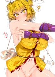 Rule 34 | 1girl, ?, armpits, bare shoulders, blonde hair, blunt bangs, blush, bottomless, breasts, closed mouth, covered erect nipples, double bun, eyelashes, groin, hair bun, hair ribbon, highres, joutouguu mayumi, large breasts, motion lines, navel, no bra, out-of-frame censoring, outstretched arm, ribbon, roki (hirokix), shiny skin, shirt, short hair, simple background, sleeveless, sleeveless shirt, speech bubble, spoken question mark, spread armpit, sweat, sword, touhou, weapon, white background, white ribbon, yellow eyes, yellow shirt