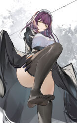 Rule 34 | 1girl, absurdres, azur lane, black dress, black thighhighs, breasts, devonshire (azur lane), dress, flantia, framed breasts, from below, highres, large breasts, long hair, maid headdress, purple hair, solo, standing, standing on one leg, thighhighs, yellow eyes