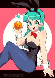 1girl 333_(dqqqdle) animal_ears aqua_eyes aqua_hair bare_shoulders black_leotard blue_pantyhose breasts bulma cleavage dragon_ball dragon_ball_(classic) dragon_ball_(object) fake_animal_ears fake_tail holding large_breasts leotard long_hair pantyhose pink_background playboy_bunny rabbit_ears rabbit_tail simple_background sitting smile solo strapless strapless_leotard tail