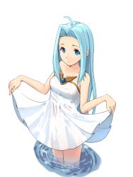 Rule 34 | 1girl, ahoge, breasts, collarbone, commentary, dress, english commentary, granblue fantasy, highres, long hair, lyria (granblue fantasy), medium breasts, mixed-language commentary, see-through, see-through dress, shin (shincrz), skirt hold, solo, strapless, strapless dress, wading, white dress