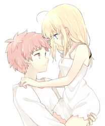 Rule 34 | 1boy, 1girl, 87banana, ahoge, artoria pendragon (all), artoria pendragon (fate), blonde hair, couple, emiya shirou, fate/stay night, fate (series), green eyes, hands on another&#039;s shoulders, looking at another, nightgown, red hair, saber, shirt, white nightgown, white shirt