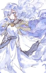 Rule 34 | 1girl, :o, deirdre (fire emblem), dress, fire emblem, fire emblem: genealogy of the holy war, floating hair, hair between eyes, highres, long hair, long sleeves, looking at viewer, mbkmmm, nintendo, open mouth, purple eyes, purple hair, sleeves past fingers, sleeves past wrists, solo, very long hair, white background, white dress, wide sleeves
