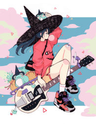 Rule 34 | 1girl, bad id, bad tumblr id, blue hair, blush, blowing bubbles, chewing gum, cloud, crisalys, electric guitar, frog, guitar, hand fan, hat, heart, highres, instrument, long hair, long sleeves, looking to the side, nike (company), original, ponytail, puffy sleeves, red shirt, riding, shirt, shoelaces, shoes, shorts, sidelocks, sitting, sneakers, solo, star (symbol), triangle, witch, witch hat