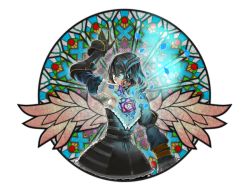 Rule 34 | 1girl, black hair, bloodstained: ritual of the night, blue eyes, brown hair, detached sleeves, flower, gauntlets, gradient hair, hair between eyes, hair ornament, horns, looking back, miriam (bloodstained), multicolored hair, natsume yuji, official art, pale skin, rose, solo, stained glass, transparent background, white background, wings