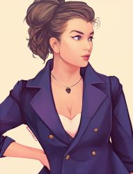 Rule 34 | 1girl, artist name, breasts, brown hair, cleavage, green eyes, hand on own hip, highres, jacket, jewelry, lips, lipstick, looking to the side, makeup, momo-deary, necklace, pendant, real life, realistic, red lips, self-portrait, signature, solo, suit jacket, upper body