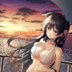 Rule 34 | 1girl, animal ears, atago (azur lane), azur lane, bare arms, bare shoulders, bikini, black hair, blurry, breasts, brown eyes, choker, cleavage, closed mouth, cloud, cloudy sky, collarbone, depth of field, diffraction spikes, evening, floating hair, flower, groin, hair flower, hair ornament, hand on own chest, hand up, highres, horizon, large breasts, lkjun (jg010118), long hair, looking at viewer, mole, mole under eye, mountain, navel, ocean, orange sky, outdoors, pink flower, railing, sett, sidelocks, sky, smile, solo, standing, stomach, sunset, swimsuit, upper body, water, white bikini