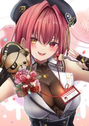 Rule 34 | 1girl, bare shoulders, beret, black hat, blush, breasts, cleavage, collared shirt, fingerless gloves, gloves, hair between eyes, hat, heart, heart necklace, heterochromia, highres, hololive, houshou marine, houshou marine (businesswoman), id card, jewelry, large breasts, long hair, looking at viewer, mikazuki cocolo, necklace, official alternate costume, open mouth, red eyes, red hair, see-through, see-through cleavage, sharp teeth, shirt, short hair, sleeveless, sleeveless shirt, smile, solo, stuffed animal, stuffed toy, teddy bear, teeth, upper body, virtual youtuber, white shirt, yellow eyes