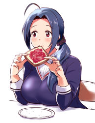 Rule 34 | 1girl, ahoge, blue hair, blush, bread slice, breast rest, breasts, food, food in mouth, huge ahoge, idolmaster, idolmaster (classic), large breasts, low ponytail, miura azusa, mouth hold, red eyes, scrunchie, solo, toast, toast in mouth, v-neck, yokkora