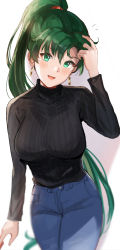 Rule 34 | 1girl, arm up, black sweater, blush, breasts, commentary, denim, earrings, fire emblem, fire emblem: the blazing blade, green eyes, green hair, head tilt, high ponytail, highres, jeans, jewelry, lips, long hair, long sleeves, looking at viewer, lyn (fire emblem), medium breasts, nintendo, open mouth, ormille, pants, ponytail, shiny skin, simple background, smile, solo, sweater, white background
