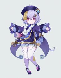 Rule 34 | 1girl, bad id, bad pixiv id, bandaged leg, bandages, bead necklace, beads, braid, cape, coin hair ornament, commentary request, full body, genshin impact, hair between eyes, hair ornament, hat, highres, jewelry, jiangshi, knees together feet apart, long hair, long sleeves, looking at viewer, low ponytail, nakano yae, necklace, ofuda, orb, parted lips, purple eyes, purple hair, qingdai guanmao, qiqi (genshin impact), shorts, sidelocks, simple background, single braid, solo, standing, thighhighs, vision (genshin impact), white background, white thighhighs, yin yang, yin yang orb, zettai ryouiki
