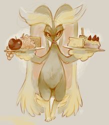 Rule 34 | animal nose, apple, arms up, cake, cake slice, cheese, collar, creatures (company), eyebrows, eyelashes, food, fruit, full body, furry, game freak, gen 4 pokemon, glitchedpuppet, grapes, highres, holding, holding tray, looking at viewer, lopunny, nintendo, pokemon, pokemon (creature), pokemon dppt, signature, solo, standing, strawberry, tray, yellow eyes
