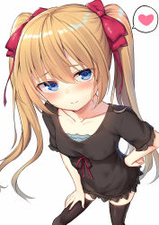 Rule 34 | 1girl, alexmaster, black dress, black thighhighs, blonde hair, blue eyes, blush, bow, dress, eyebrows, frilled sleeves, frills, hair between eyes, hair bow, hand on own hip, hand on own thigh, hand on thigh, heart, highres, lace, lace-trimmed dress, lace trim, long hair, looking at viewer, original, red bow, red ribbon, ribbon, simple background, smile, solo, speech bubble, spoken heart, thighhighs, tsundere, twintails, white background