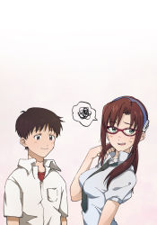 Rule 34 | 1boy, 1girl, age difference, blue eyes, blush, breasts, brown hair, collared shirt, embarrassed, evangelion: 2.0 you can (not) advance, evangelion: 3.0+1.0 thrice upon a time, glasses, hair ornament, hairclip, ikari shinji, long hair, looking at breasts, looking away, makinami mari illustrious, neon genesis evangelion, nervous, rebuild of evangelion, school uniform, shirt, standing, sweat, twintails