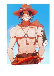Rule 34 | 1boy, ^ ^, bag, belt, black hair, border, closed eyes, commentary request, cowboy shot, hands in pockets, hat, highres, jewelry, male focus, necklace, one piece, onecata11, orange belt, orange hat, pearl necklace, portgas d. ace, short hair, shoulder bag, sky, smile, solo, topless male, white border