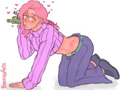 Rule 34 | 1boy, all fours, bacchyarts, blush, braid, draw your babygirl (meme), freckles, frog, full body, heart, heart-shaped pupils, highres, jojo no kimyou na bouken, long hair, long sleeves, looking at viewer, male focus, meme, pants, pink hair, purple sweater, shoes, simple background, solo, sweater, symbol-shaped pupils, vento aureo, vinegar doppio, white background