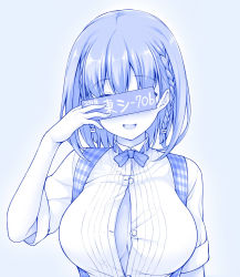 Rule 34 | 1girl, :d, ai-chan (tawawa), apron, arm up, blue theme, blush, borrowed character, bow, bowtie, braid, breasts, buttons, card, censored, collared shirt, covering own eyes, eyebrows, fingernails, getsuyoubi no tawawa, holding, holding card, identity censor, kobeya uniform, large breasts, monochrome, no bra, official style, open mouth, paizuri invitation, parody, plaid, plaid apron, shirt, short hair, short sleeves, side braid, smile, solo, suspenders, text focus, unbuttoned, unbuttoned shirt, uni8, upper body, wing collar
