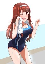 Rule 34 | 1girl, ;d, blue one-piece swimsuit, blush, breasts, brown eyes, brown hair, cleavage, collarbone, competition school swimsuit, cowboy shot, dars (recolors), embarrassed, from side, hairband, idolmaster, idolmaster million live!, leaning forward, long hair, looking at viewer, medium breasts, one-piece swimsuit, one eye closed, open mouth, school swimsuit, shiny skin, sketch, smile, solo, standing, swimsuit, tanaka kotoha, teeth, towel, towel around neck, upper teeth only, very long hair, wet, wet hair, white hairband, white towel